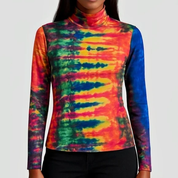Urban Outfitters Atlas Tie-Dye Turtleneck Top Womens Size Medium Rainbow Stretch - Picture 1 of 11